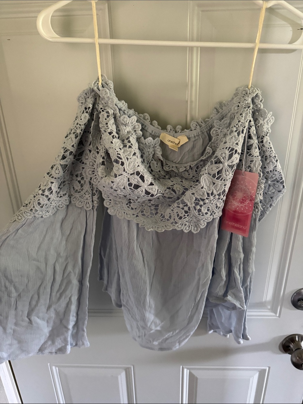 Dry Goods Light Blue Crochet-Trim Off-Shoulder Long Sleeve Top